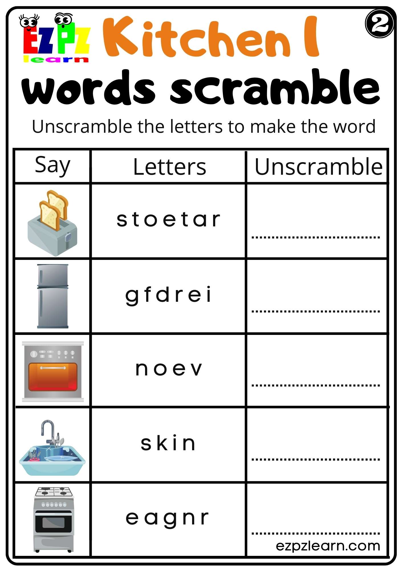Kitchen Appliances Word Scramble Worksheet for Homeschool and ESL PDF Download Set 2